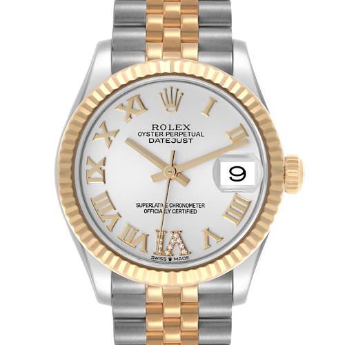 The Rolex Datejust watch is shown from a straight-on angle, displaying the face, bezel, and part of the bracelet.
