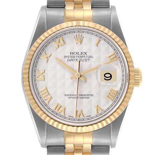 The Rolex Datejust 16233 Men's Steel and Gold (two tone) Silver Dial 16233 Men's Steel and Gold (two tone) Silver Dial watch is shown from the front, highlighting the dial, bezel, and part of the bracelet.