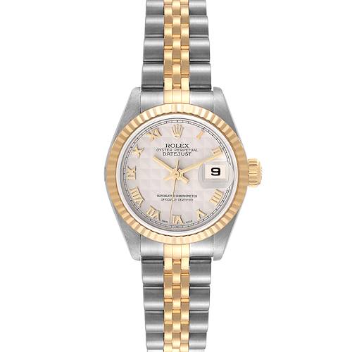 This Rolex Datejust 79173 Women's Steel and Gold (two tone) Beige Dial 79173 Women's Steel and Gold (two tone) Beige Dial model is shown from a top view, displaying the face, bezel, crown, and bracelet.