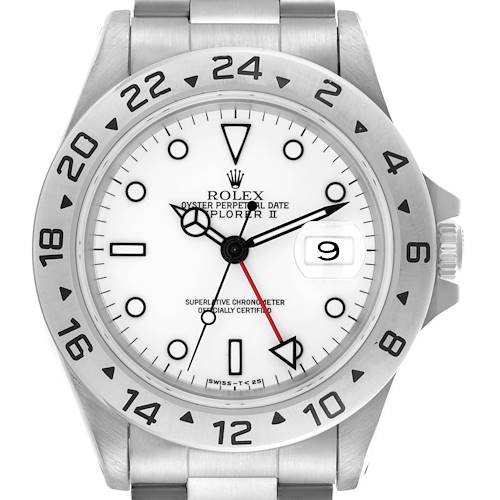 The Rolex Explorer 16570 Men's Stainless Steel White Dial 16570 Men's Stainless Steel White Dial is shown from a front angle, highlighting its bezel, dial, hands, and date window.