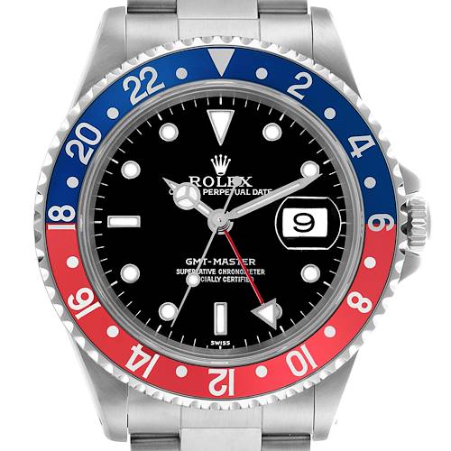 The Rolex GMT-Master 16700 Men's Stainless Steel Black Dial 16700 Men's Stainless Steel Black Dial is shown from the front, highlighting its bezel, dial, and date window.