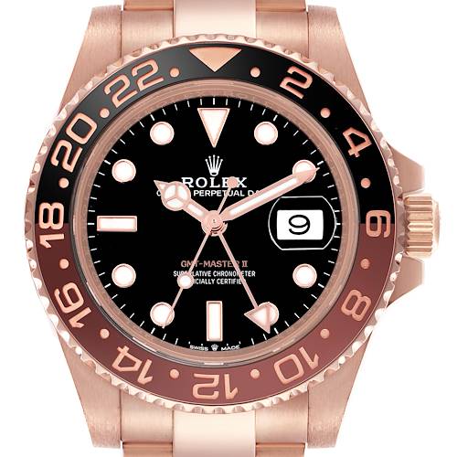 The image shows a front view of the Rolex GMT-Master 126715CHNR Men's Rose Gold Black Dial 126715CHNR Men's Rose Gold Black Dial II watch, highlighting the bezel, dial, hands, date window, and crown.
