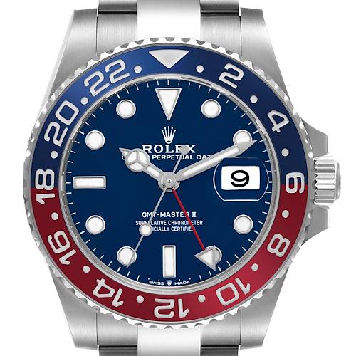 The Rolex GMT-Master 126719 Men's White Gold Blue Dial 126719 Men's White Gold Blue Dial model is shown from the front, highlighting the bezel, dial, and crown.