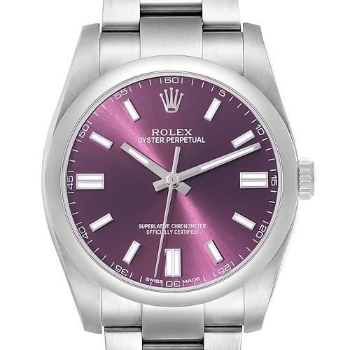 This is a front view of a Rolex Oyster Perpetual 116000 Men's Stainless Steel Purple Dial 116000 Men's Stainless Steel Purple Dial watch, showing the dial, hour markers, hands, and part of the bracelet.