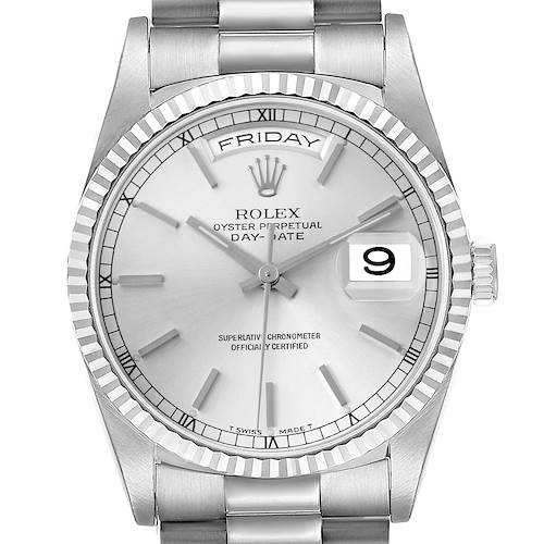 The Rolex President 18239 Men's White Gold Silver Dial 18239 Men's White Gold Silver Dial model is shown from the front, displaying the dial, bezel, and bracelet.