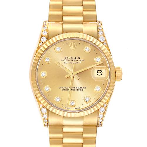 This image shows a frontal view of a Rolex President 68238 Women's Yellow Gold Champagne Dial 68238 Women's Yellow Gold Champagne Dial Datejust watch, highlighting its gold case, bracelet, and diamond-accented dial.