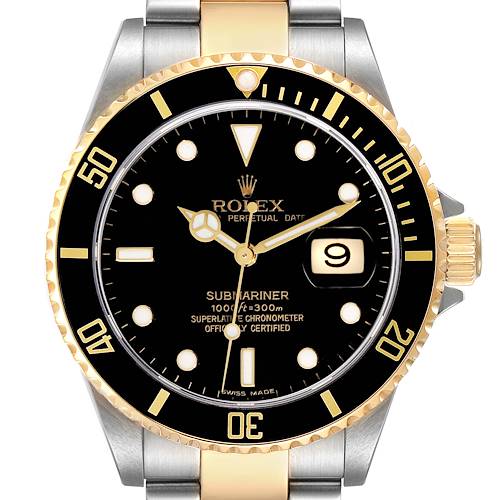 The image shows a front view of the Rolex Submariner 16613 Men's Steel and Gold (two tone) Black Dial 16613 Men's Steel and Gold (two tone) Black Dial watch, highlighting the dial, bezel, and part of the bracelet.