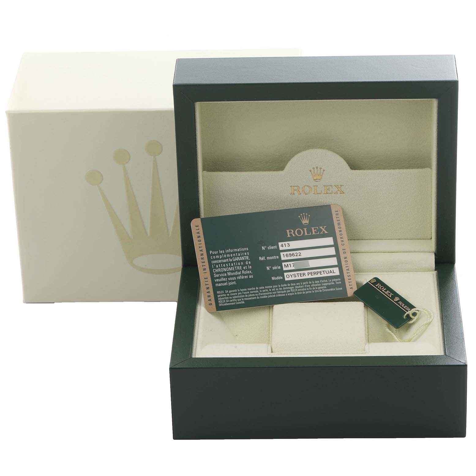 The image shows a Rolex Yacht-Master 169622 Women's Stainless Steel Silver Dial 169622 Women's Stainless Steel Silver Dial watch box with accompanying authentication and warranty card, viewed from the front.