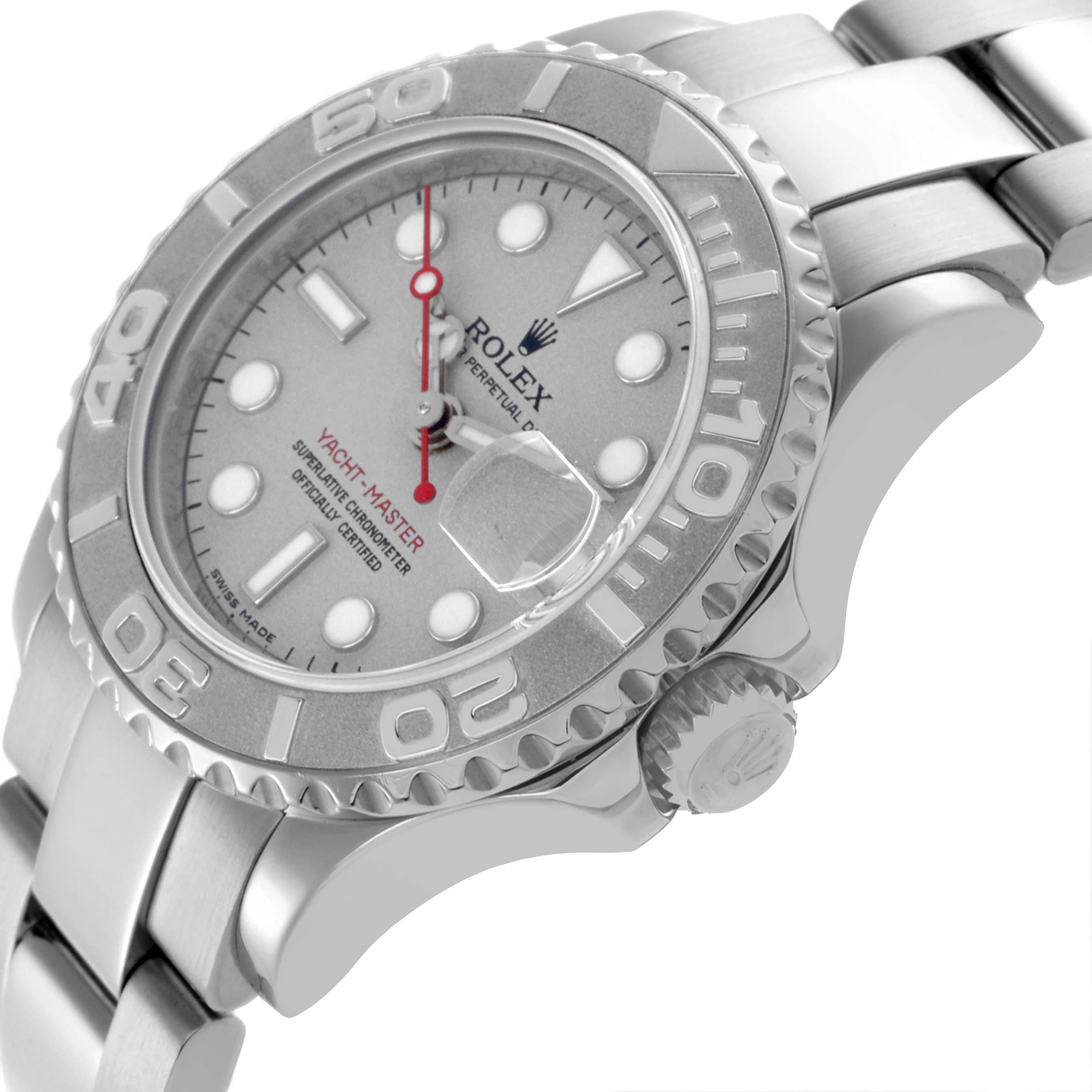 The Rolex Yacht-Master 169622 Women's Stainless Steel Silver Dial 169622 Women's Stainless Steel Silver Dial is shown at an angled side view, highlighting its bezel, dial, bracelet, and crown.