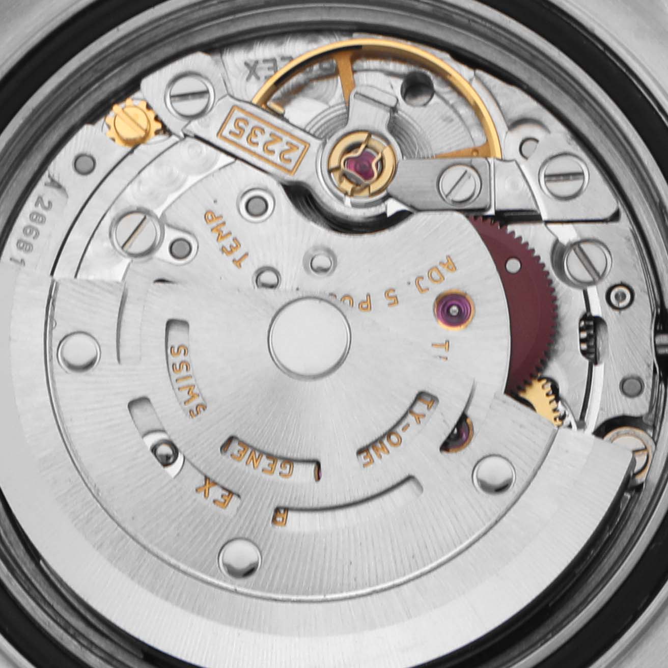 The image shows a close-up of the movement mechanism of a Rolex Yacht-Master 169622 Women's Stainless Steel Silver Dial 169622 Women's Stainless Steel Silver Dial watch from the back.