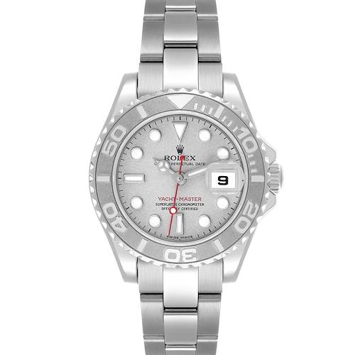 The Rolex Yacht-Master 169622 Women's Stainless Steel Silver Dial 169622 Women's Stainless Steel Silver Dial watch is shown from the front, displaying the dial, bezel, and bracelet clearly.