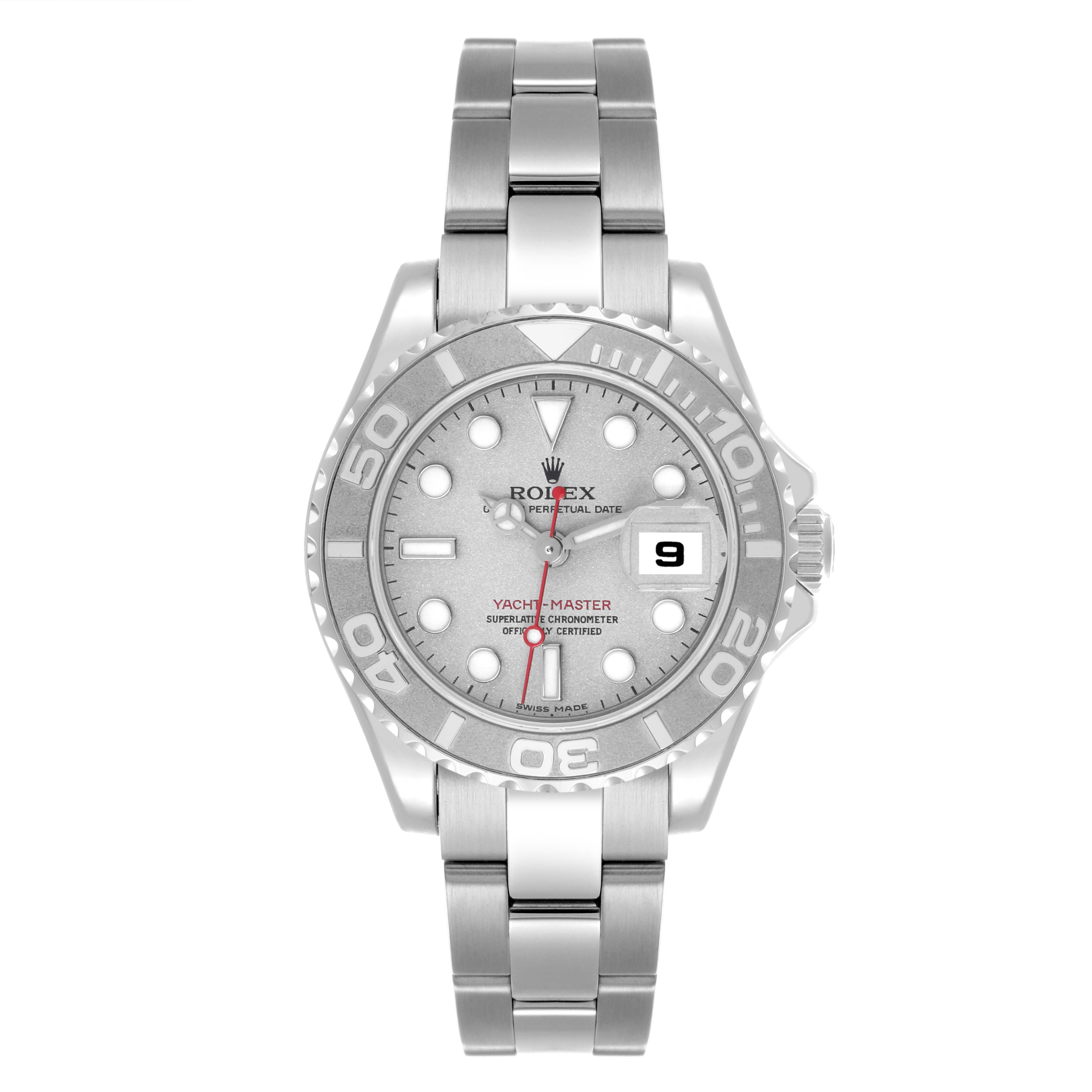 The Rolex Yacht-Master 169622 Women's Stainless Steel Silver Dial 169622 Women's Stainless Steel Silver Dial watch is shown from a top-down angle, displaying its face, bezel, and bracelet.