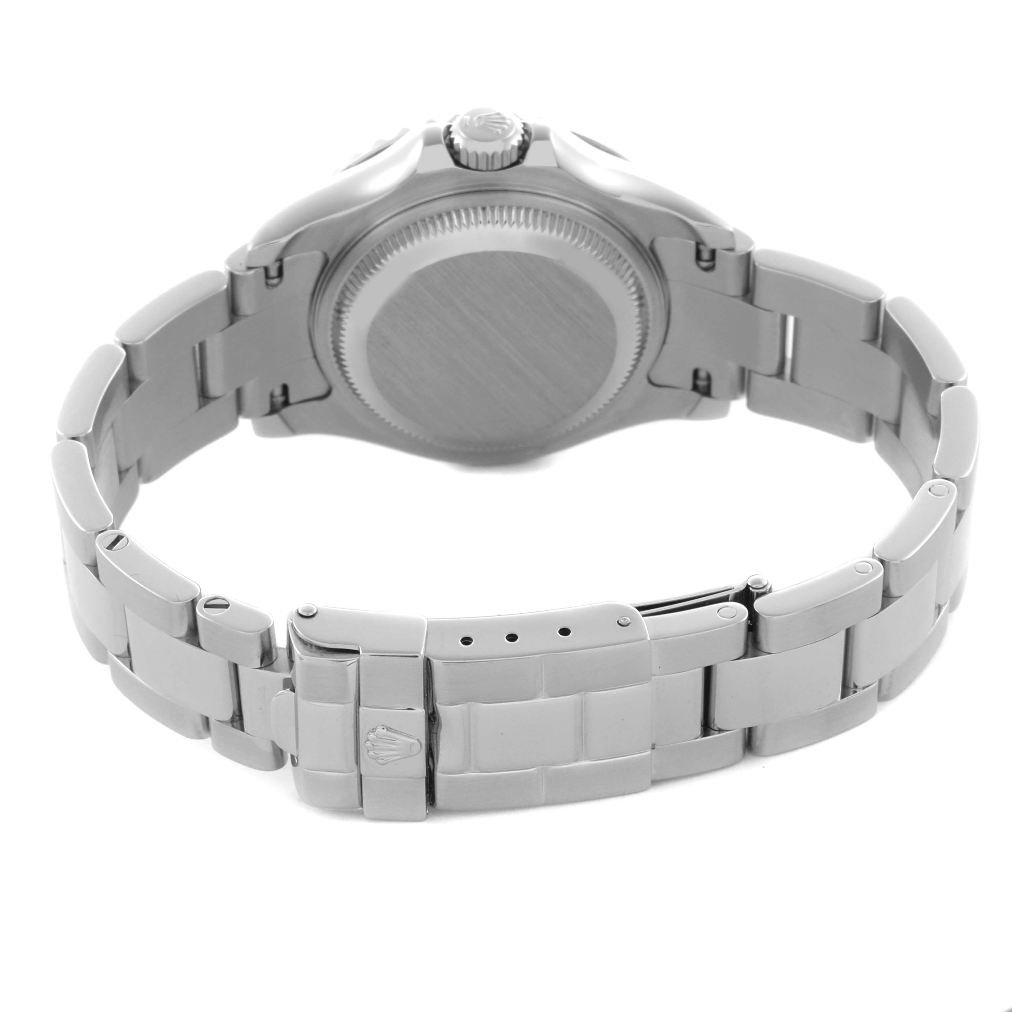 The image shows the back of a Rolex Yacht-Master 169622 Women's Stainless Steel Silver Dial 169622 Women's Stainless Steel Silver Dial watch, highlighting the case back, bracelet, and clasp.
