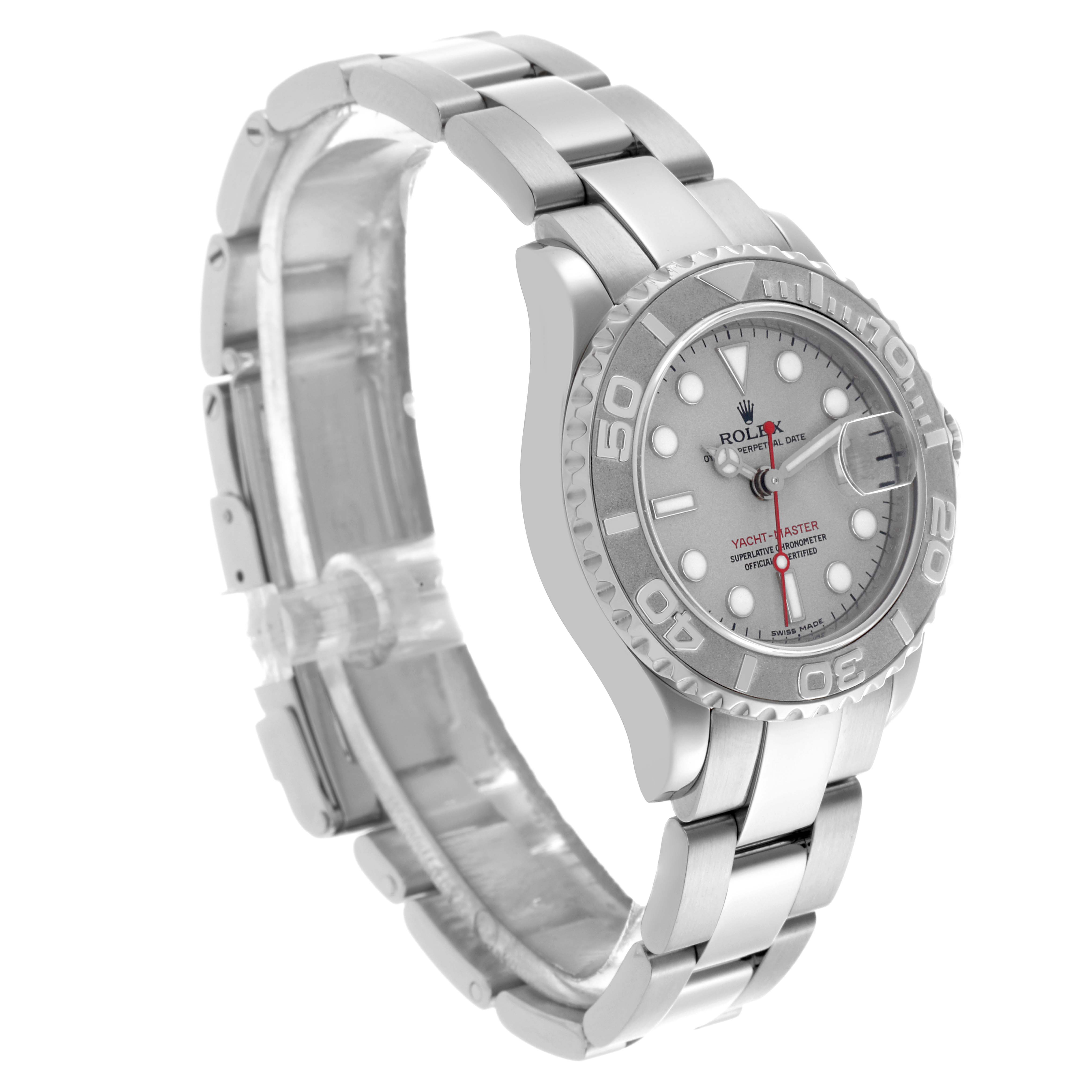 The Rolex Yacht-Master 169622 Women's Stainless Steel Silver Dial 169622 Women's Stainless Steel Silver Dial watch is shown at a three-quarter angle, highlighting the bracelet, bezel, and face.