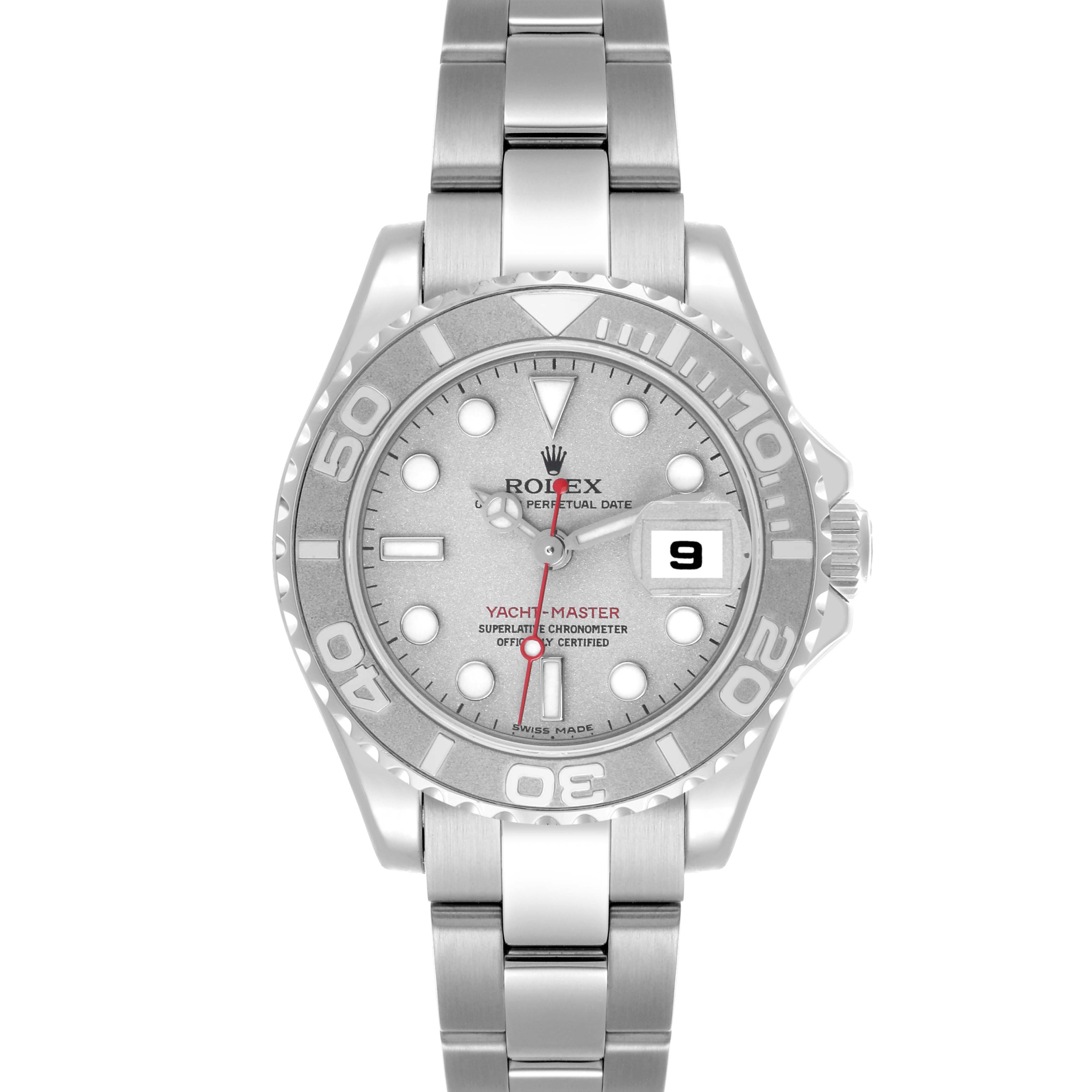 The Rolex Yacht-Master 169622 Women's Stainless Steel Silver Dial 169622 Women's Stainless Steel Silver Dial watch is shown from a front angle, highlighting the dial, bezel, bracelet, and date window.