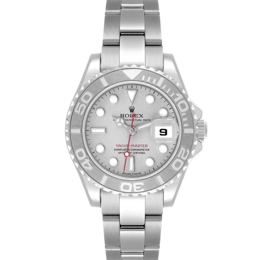 The Rolex Yacht-Master 169622 Women's Stainless Steel Silver Dial 169622 Women's Stainless Steel Silver Dial watch is shown from a front angle, highlighting the dial, bezel, bracelet, and date window.