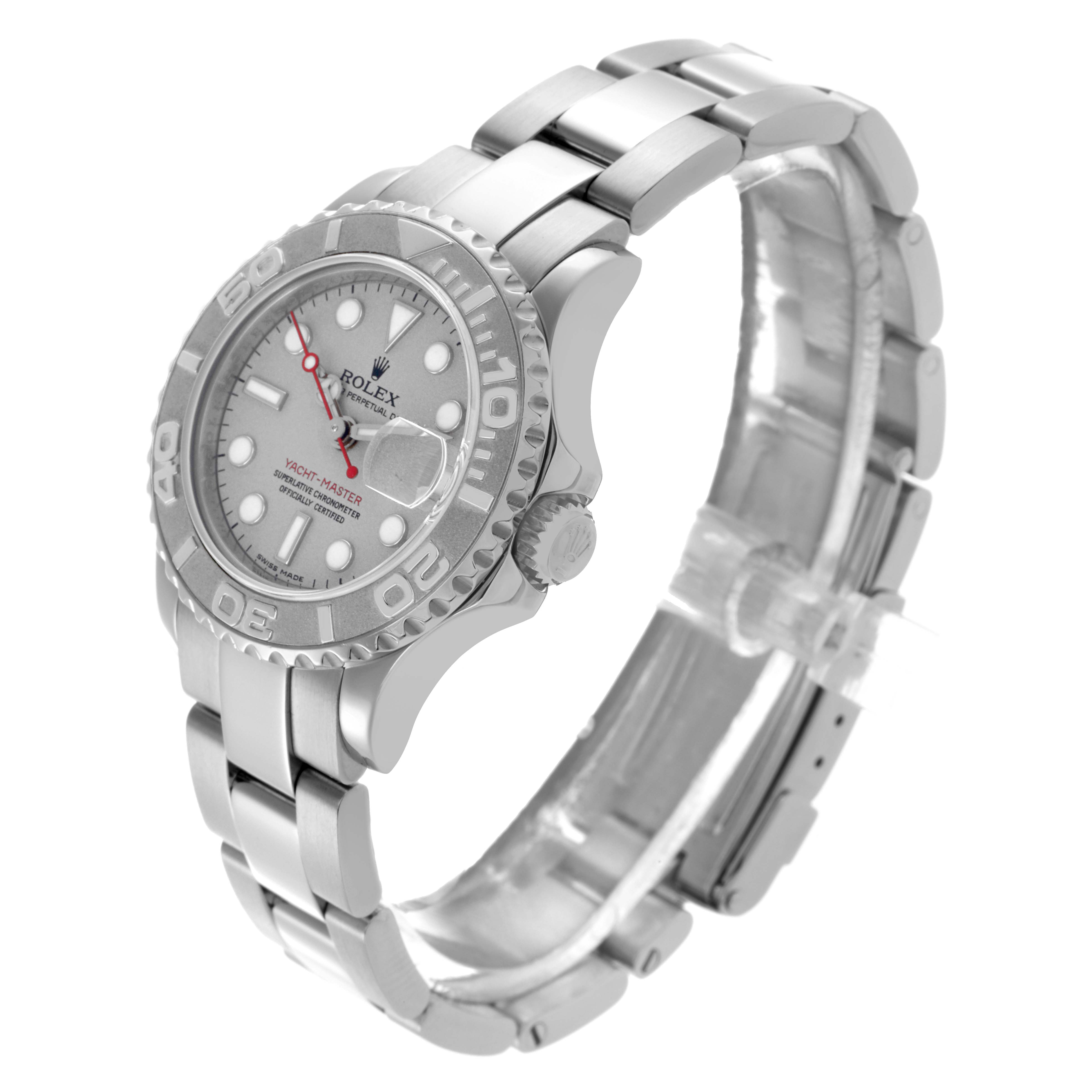 The Rolex Yacht-Master 169622 Women's Stainless Steel Silver Dial 169622 Women's Stainless Steel Silver Dial watch is shown at a three-quarter angle, displaying its bezel, dial, and bracelet.