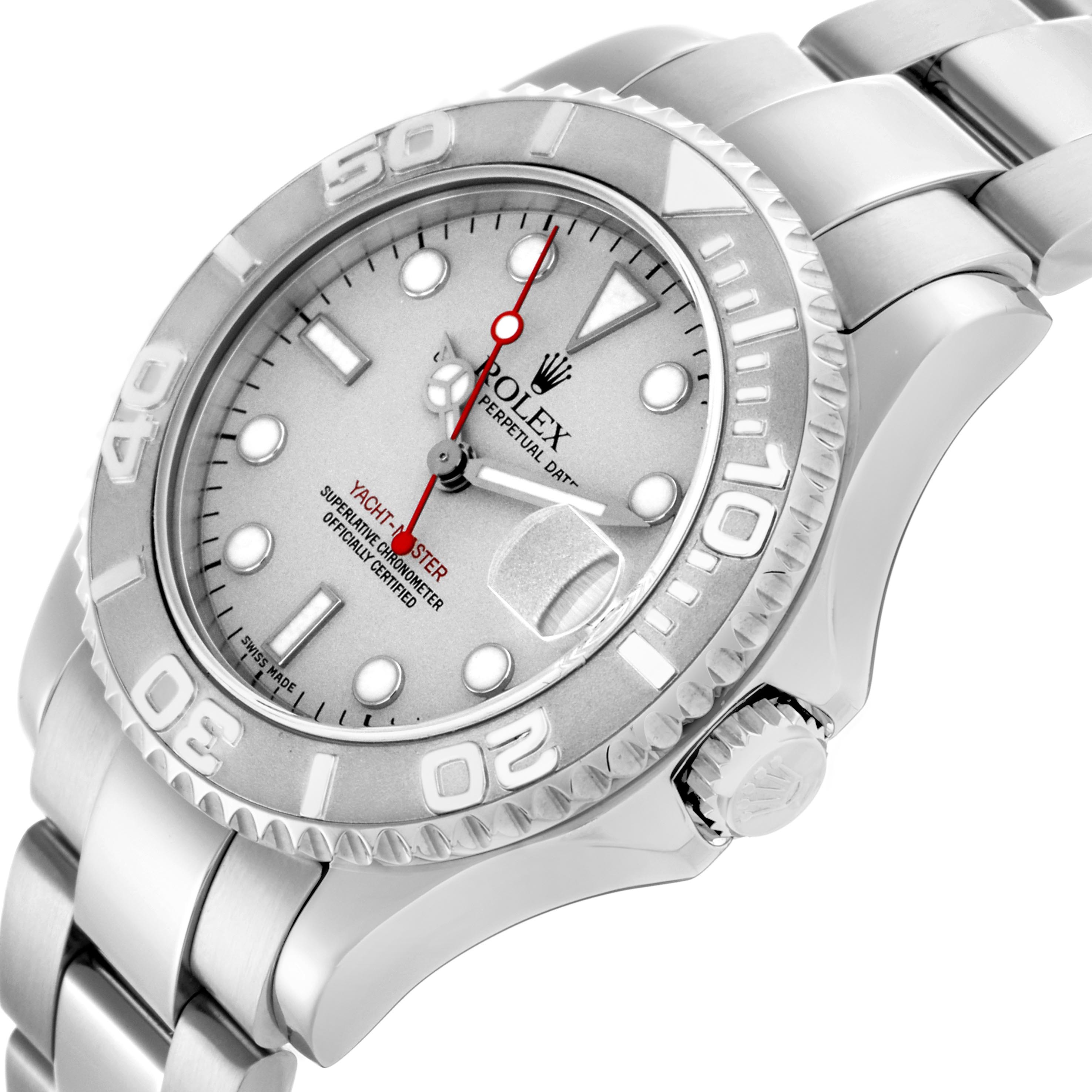The Rolex Yacht-Master 168622 Men's Stainless Steel Silver Dial 168622 Men's Stainless Steel Silver Dial watch is shown at an angled side view, highlighting the bezel, dial, bracelet, and crown.