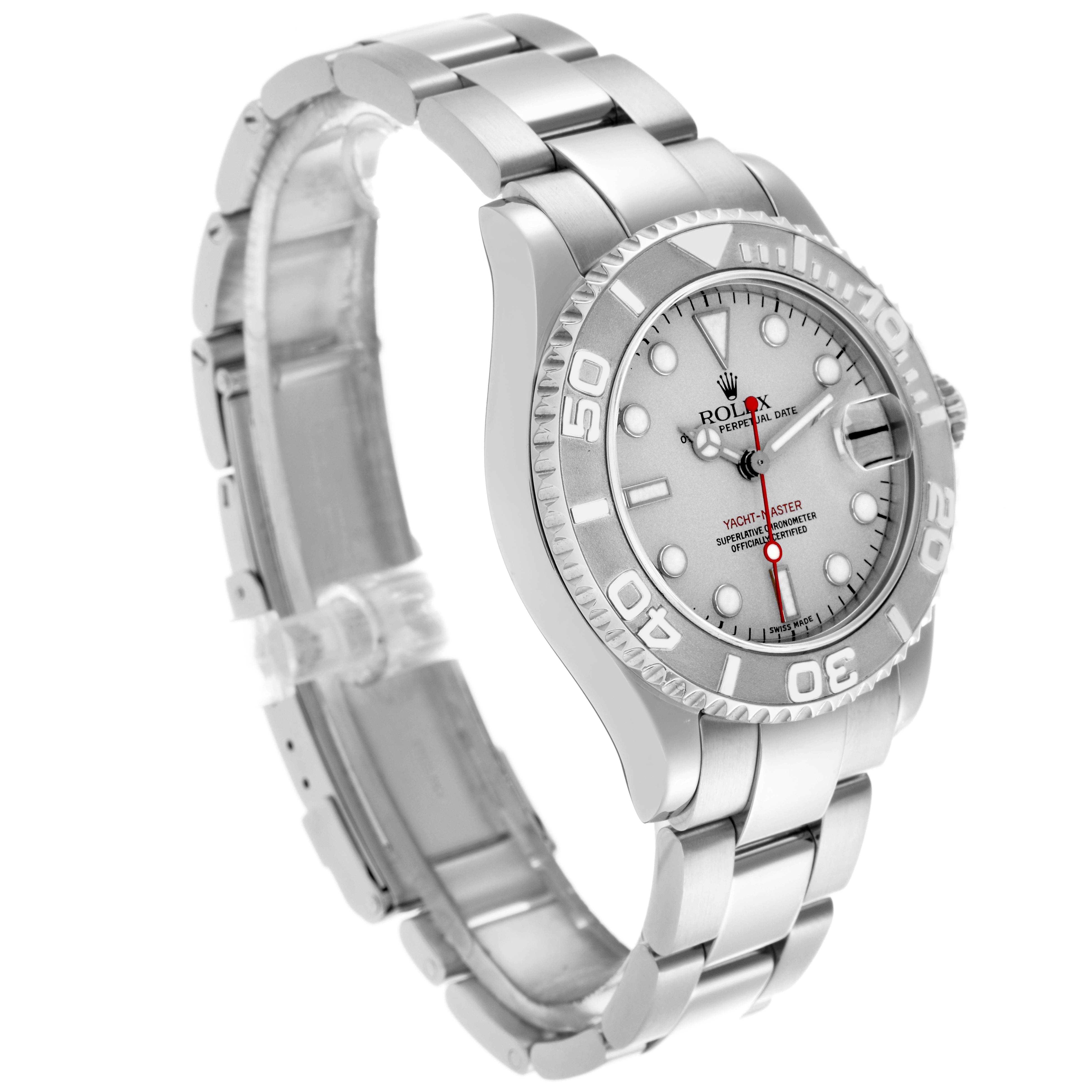 The Rolex Yacht-Master 168622 Men's Stainless Steel Silver Dial 168622 Men's Stainless Steel Silver Dial watch is shown at a slight side angle, displaying the face, bezel, and part of the bracelet.