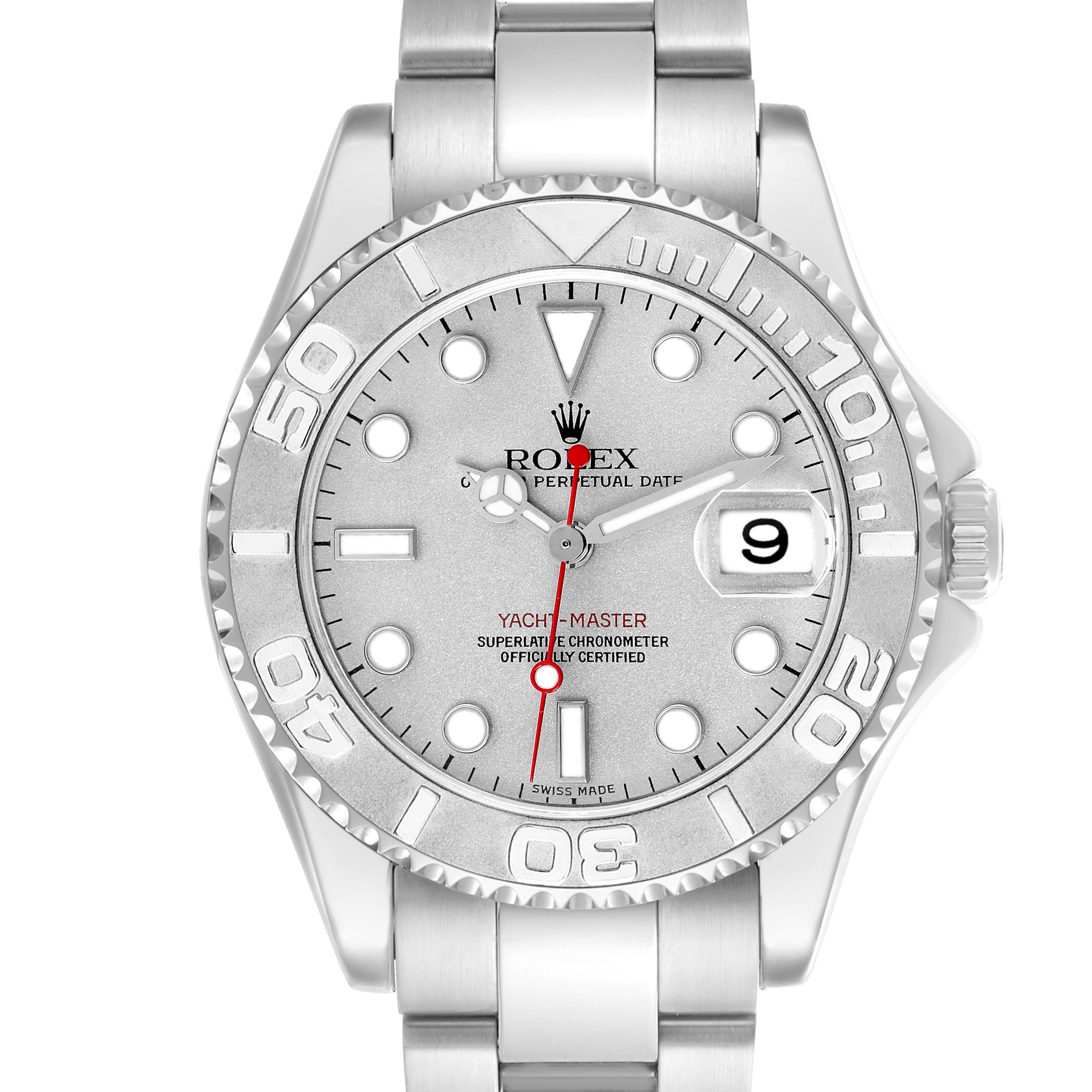 The Rolex Yacht-Master 168622 Men's Stainless Steel Silver Dial 168622 Men's Stainless Steel Silver Dial watch is shown from the front, displaying the dial, bezel, and bracelet.