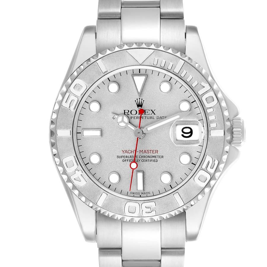 The Rolex Yacht-Master 168622 Men's Stainless Steel Silver Dial 168622 Men's Stainless Steel Silver Dial watch is shown from the front, displaying the dial, bezel, and bracelet.