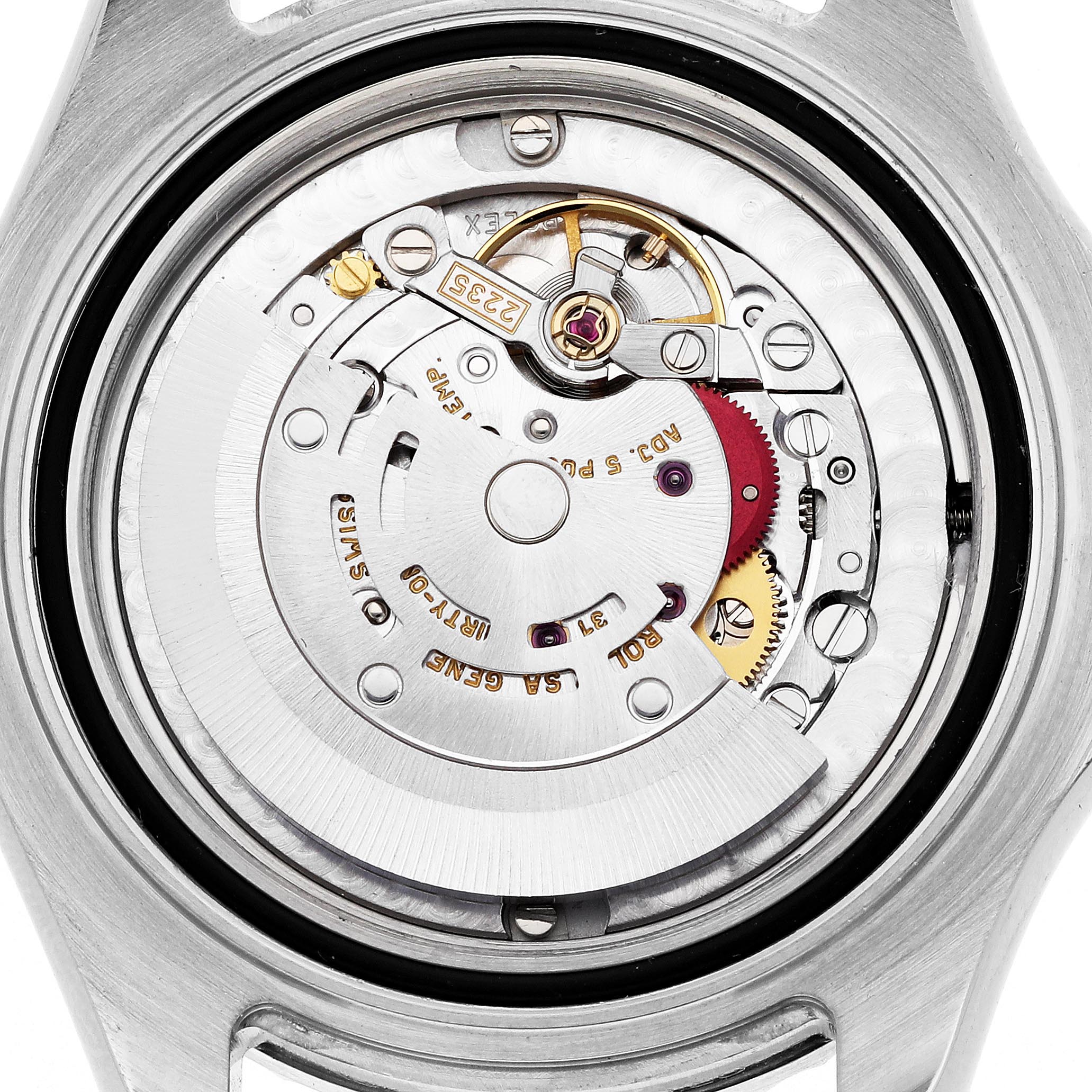 The image shows the back of a Rolex Yacht-Master 168622 Men's Stainless Steel Silver Dial 168622 Men's Stainless Steel Silver Dial watch, focusing on its exposed movement and internal mechanisms.