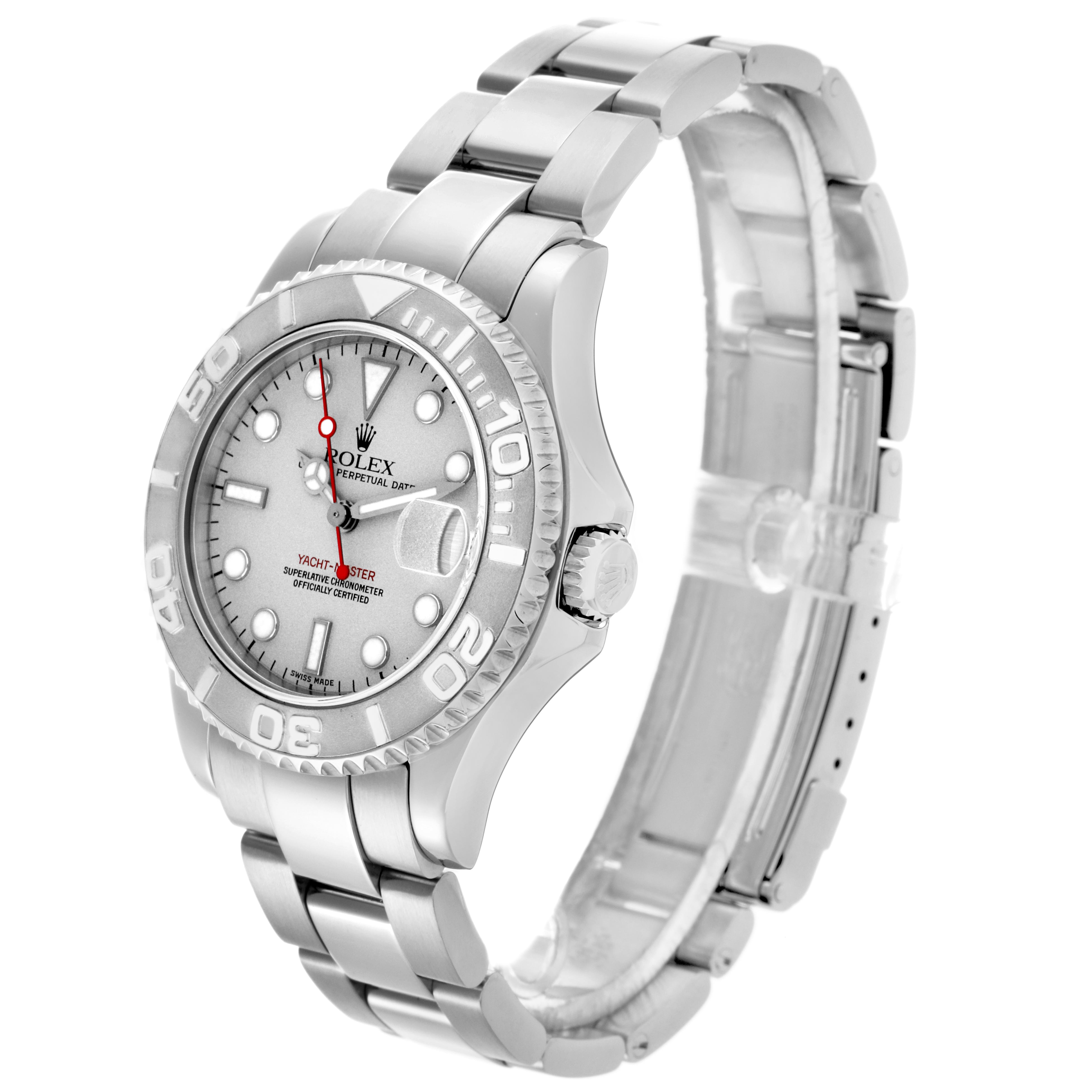 The Rolex Yacht-Master 168622 Men's Stainless Steel Silver Dial 168622 Men's Stainless Steel Silver Dial watch is shown at a three-quarter angle, displaying the face, bezel, bracelet, and crown.