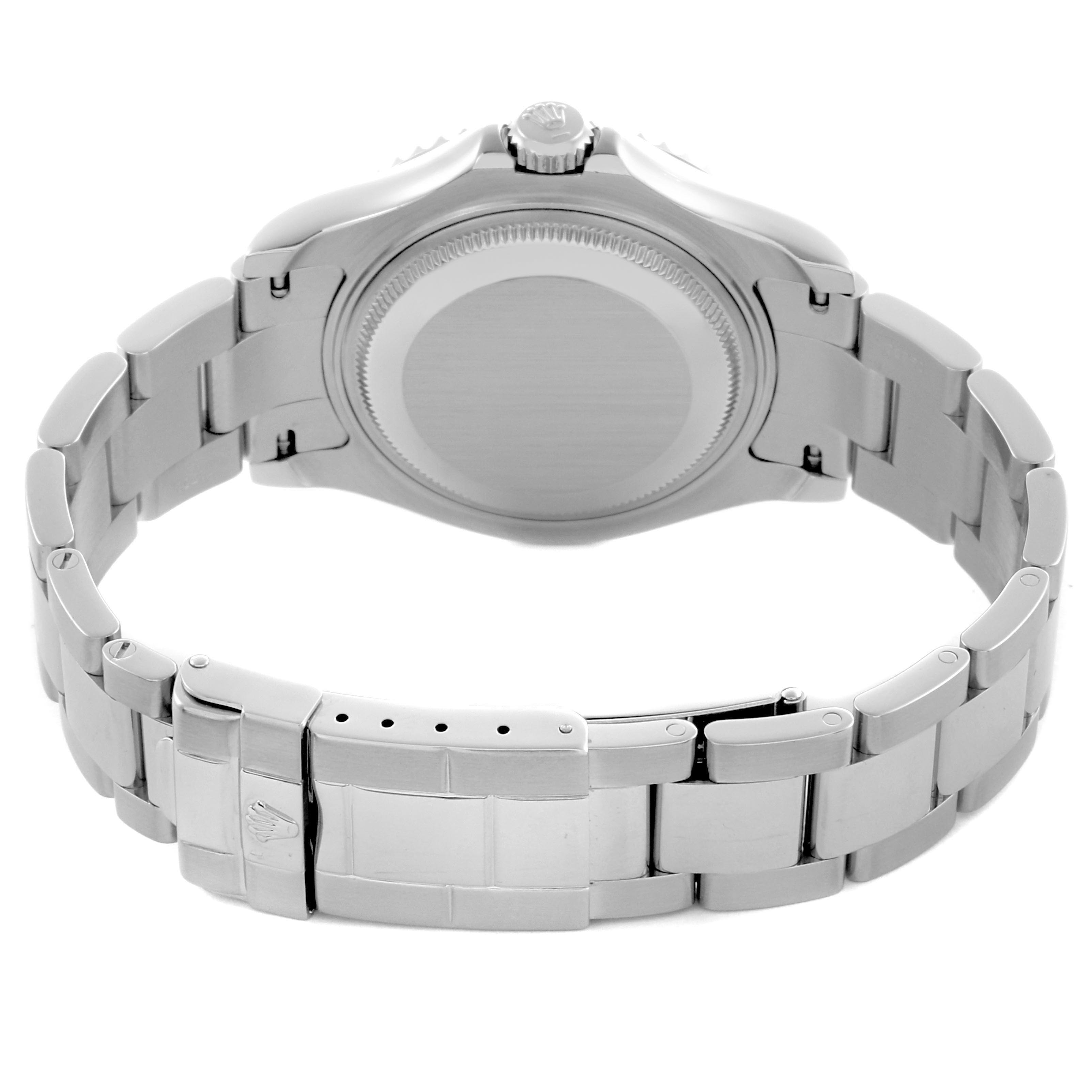 The Rolex Yacht-Master 168622 Men's Stainless Steel Silver Dial 168622 Men's Stainless Steel Silver Dial watch is shown from the back, highlighting the case back and bracelet clasp.