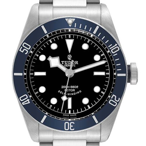 The image shows a front view of the Tudor Heritage Black Bay 79220B Men's Stainless Steel Black Dial 79220B Men's Stainless Steel Black Dial watch, showcasing its dial, bezel, and part of its bracelet.