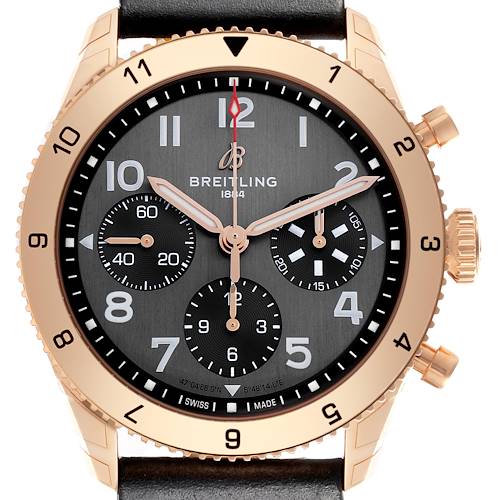 The Breitling Aviator R23380 Men's Rose Gold Grey Dial R23380 Men's Rose Gold Grey Dial watch is shown from the front, highlighting its dial, bezel, hands, crown, and subdials.
