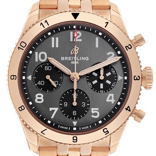 The Breitling Aviator R23380 Men's Rose Gold Grey Dial R23380 Men's Rose Gold Grey Dial watch is shown from the front, displaying the dial, hands, subdials, and part of the crown and case.