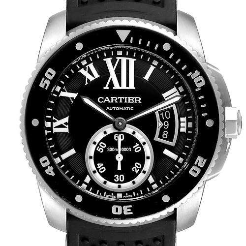 The image shows a front view of a Calibre de Cartier watch, highlighting the dial, bezel, hands, and crown.