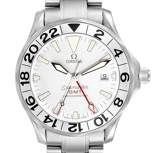 The image shows a frontal view of the Omega Seamaster 2538.20.00 Men's Stainless Steel White Dial 2538.20.00 Men's Stainless Steel White Dial GMT Chronometer.