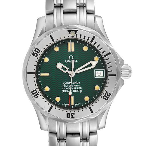 This image shows a front view of an Omega Seamaster 2553.41.00 Men's Stainless Steel Green Dial 2553.41.00 Men's Stainless Steel Green Dial watch, highlighting the dial, bezel, and bracelet.