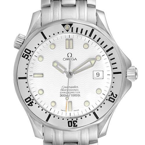 The image shows the front angle of the Omega Seamaster 2532.20.00 Men's Stainless Steel White Dial 2532.20.00 Men's Stainless Steel White Dial watch, highlighting its dial, bezel, and metal bracelet.