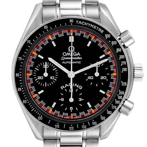 This image shows a frontal view of an Omega Speedmaster 3518.50.00 Men's Stainless Steel Black Dial 3518.50.00 Men's Stainless Steel Black Dial Racing Automatic watch, highlighting the dial and bezel.