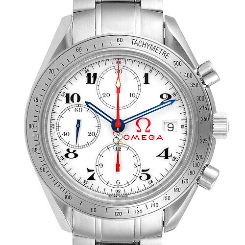 The image shows a frontal view of the Omega Speedmaster 323.10.40.40.04.001 Men's Stainless Steel White Dial 323.10.40.40.04.001 Men's Stainless Steel White Dial watch, highlighting its dial, hands, and tachymeter bezel.