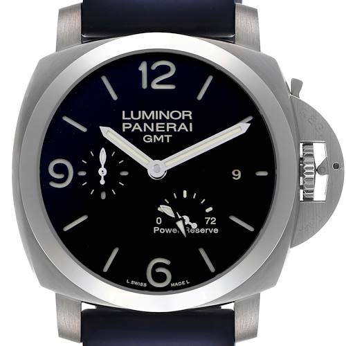 The Panerai Luminor PAM00321 Men's Stainless Steel Black Dial PAM00321 Men's Stainless Steel Black Dial watch is shown from the front, highlighting its black dial, numerals, subdials, and crown guard.
