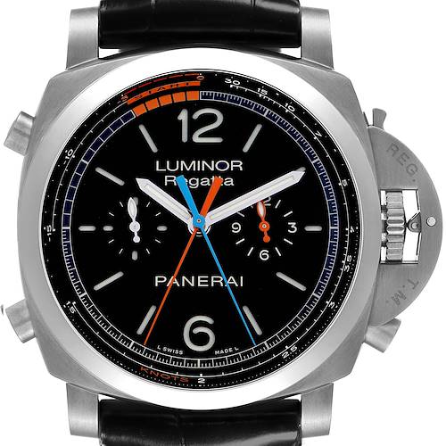 The Panerai Luminor PAM00526 Men's Titanium Black Dial PAM00526 Men's Titanium Black Dial watch is shown from a front angle, highlighting its dial, hands, and crown guard.