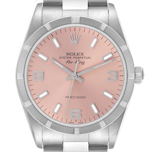The Rolex Air-King 14010 Men's Stainless Steel Pink Dial 14010 Men's Stainless Steel Pink Dial is shown from a front angle, featuring the dial, bezel, and part of the bracelet.