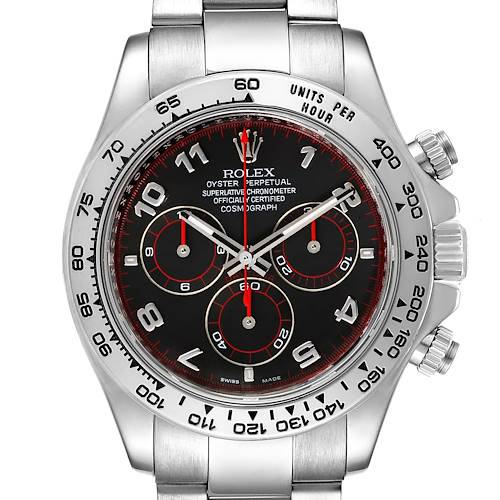 The image shows a frontal view of a Rolex Daytona 116509 Men's White Gold Black Dial 116509 Men's White Gold Black Dial watch, highlighting its dial, bezel, and part of the bracelet.