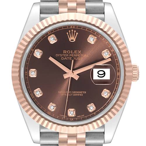 This image shows a front view of the Rolex Datejust 41 126331 Men's Steel and Gold (two tone) Brown Dial 126331 Men's Steel and Gold (two tone) Brown Dial, highlighting its fluted bezel, brown diamond dial, and date window.