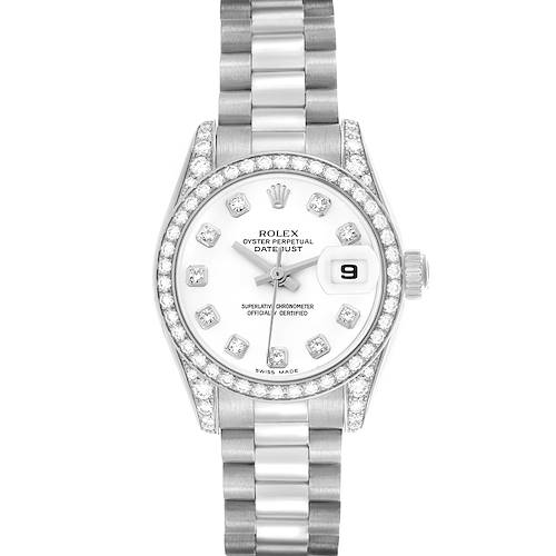 The Rolex President 179159 Women's White Gold White Dial 179159 Women's White Gold White Dial model watch is shown from a top-down angle, showcasing its face, bezel, bracelet, and crown.