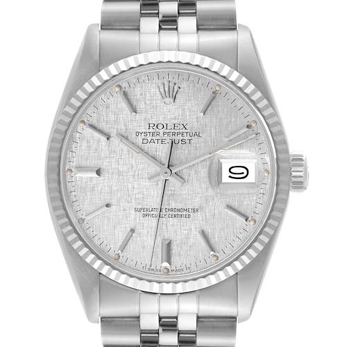 The Rolex Vintage Collection 16014 Men's Stainless Steel Silver Dial 16014 Men's Stainless Steel Silver Dial Datejust watch is shown from a front angle, displaying its dial, bezel, crown, and bracelet.