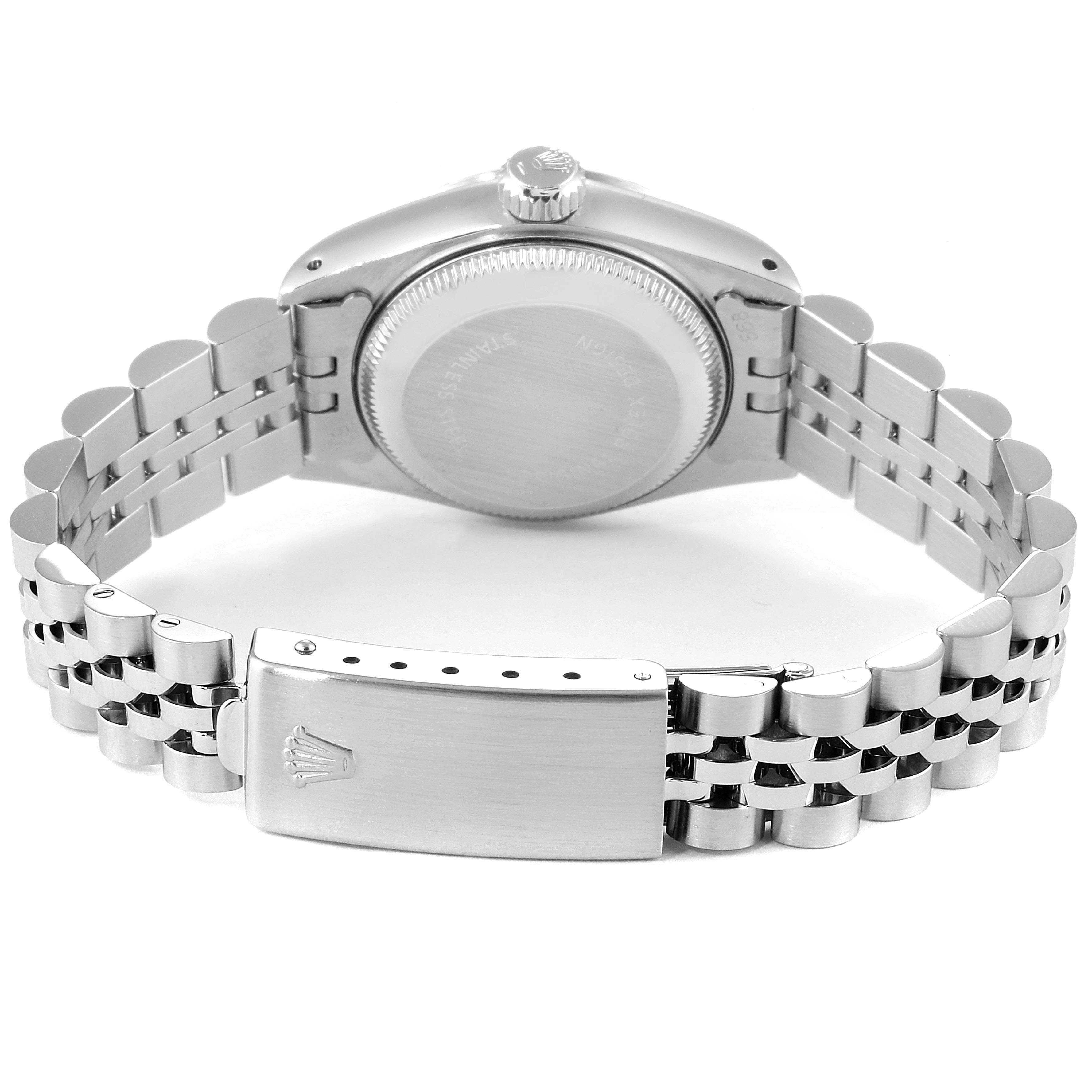 The Rolex Date 69190 Women's Stainless Steel White Dial 69190 Women's Stainless Steel White Dial model watch is shown from the back, featuring the case back and bracelet clasp.