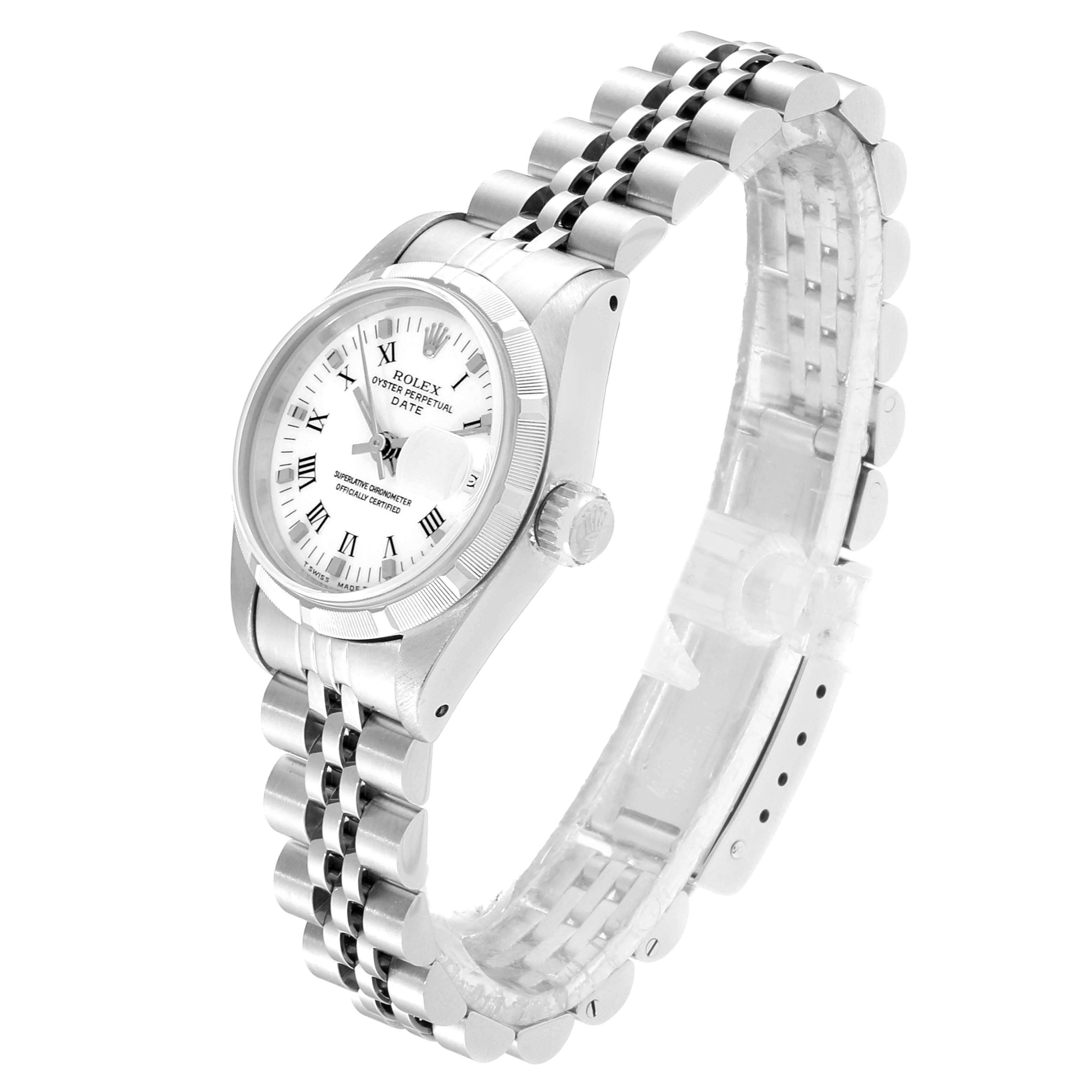 The image shows a Rolex Date 69190 Women's Stainless Steel White Dial 69190 Women's Stainless Steel White Dial model watch from a front angle, highlighting its bezel, crown, dial, and jubilee bracelet.