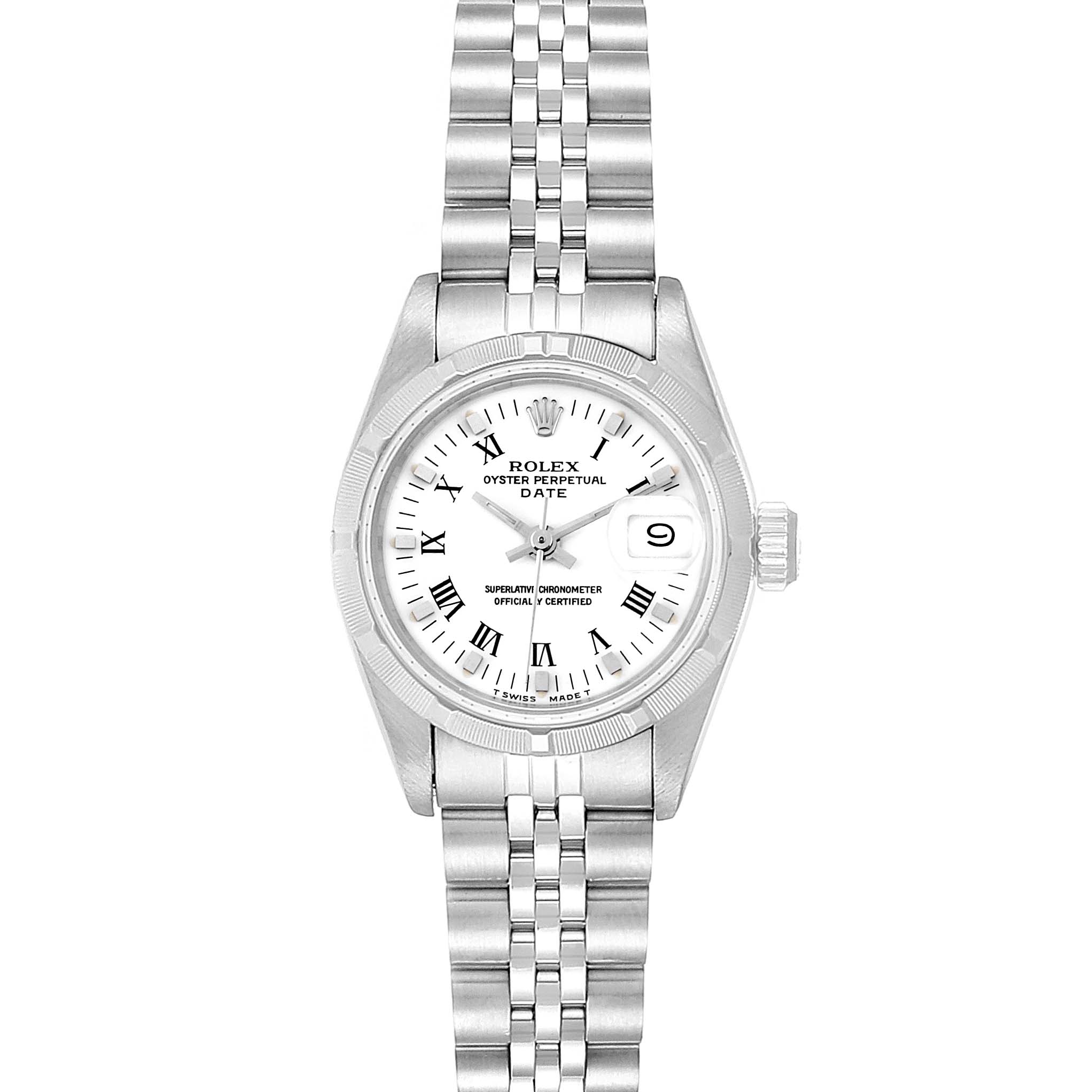 This image shows a frontal view of a Rolex Date 69190 Women's Stainless Steel White Dial 69190 Women's Stainless Steel White Dial model watch with its bracelet, case, dial, and crown visible.