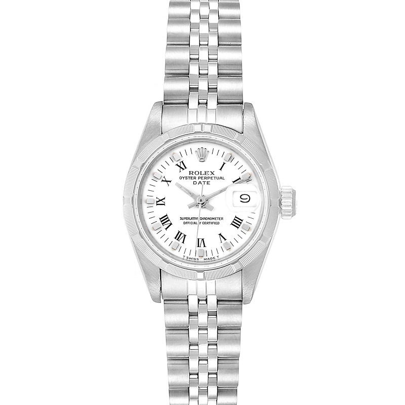 This image shows a frontal view of a Rolex Date 69190 Women's Stainless Steel White Dial 69190 Women's Stainless Steel White Dial model watch with its bracelet, case, dial, and crown visible.