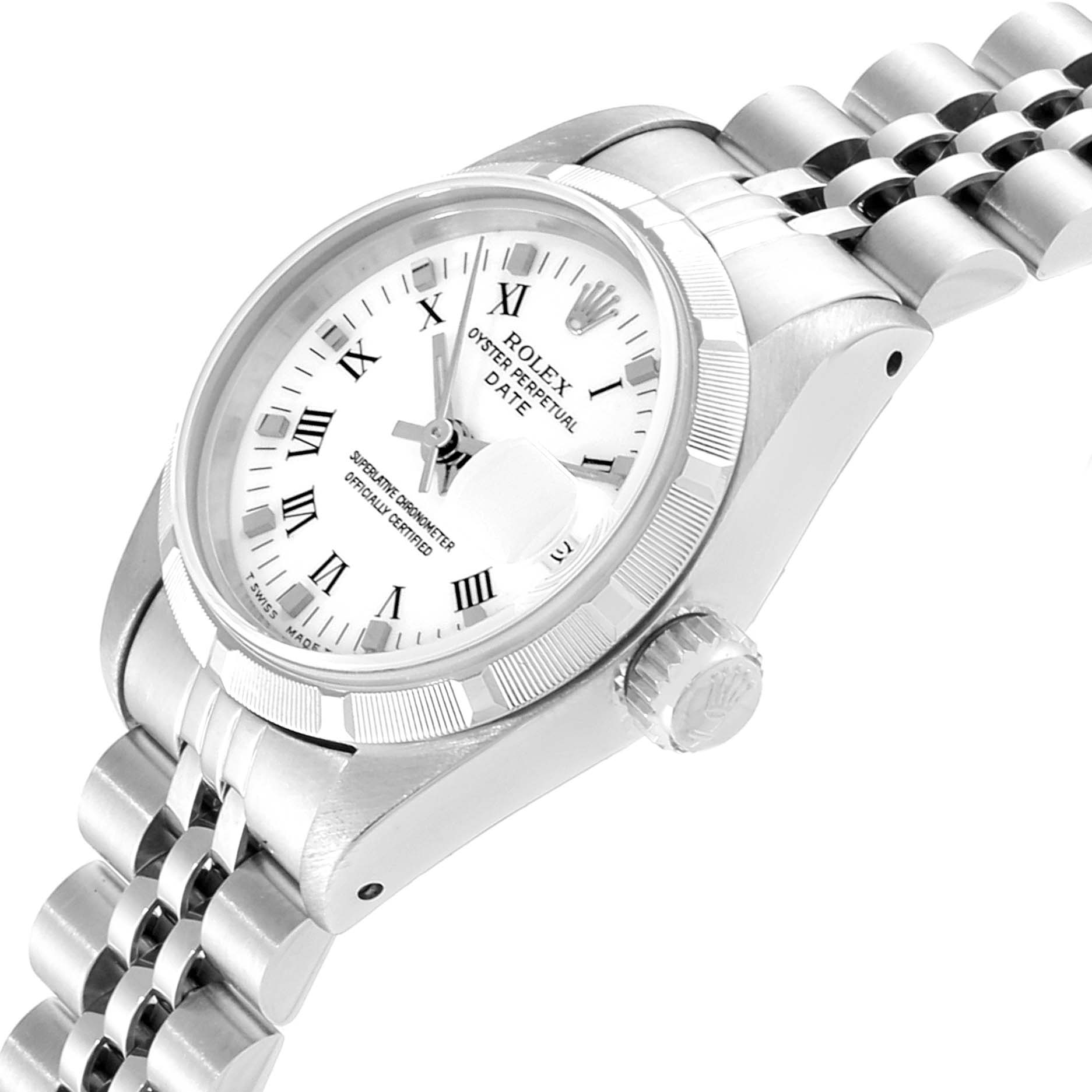 This image shows a side angle of a Rolex Date 69190 Women's Stainless Steel White Dial 69190 Women's Stainless Steel White Dial model watch, highlighting its face, crown, and bracelet.