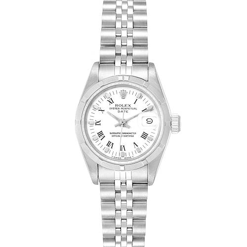 The image shows a Rolex Date 69190 Women's Stainless Steel White Dial 69190 Women's Stainless Steel White Dial model watch with a full frontal view, displaying the dial, bezel, and bracelet.